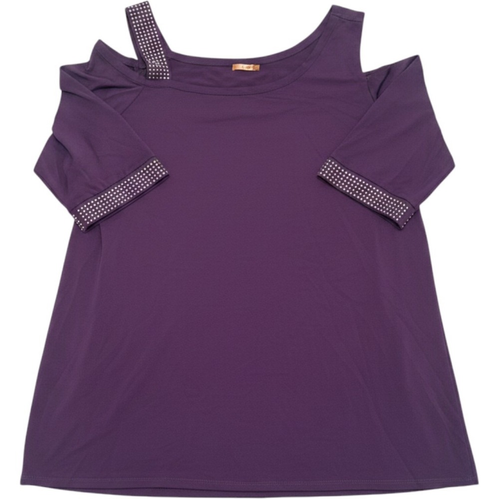 Belldini Cold Shoulder Top Women 3X Aubergine NWT Rhinestone Asymmetric K177364X